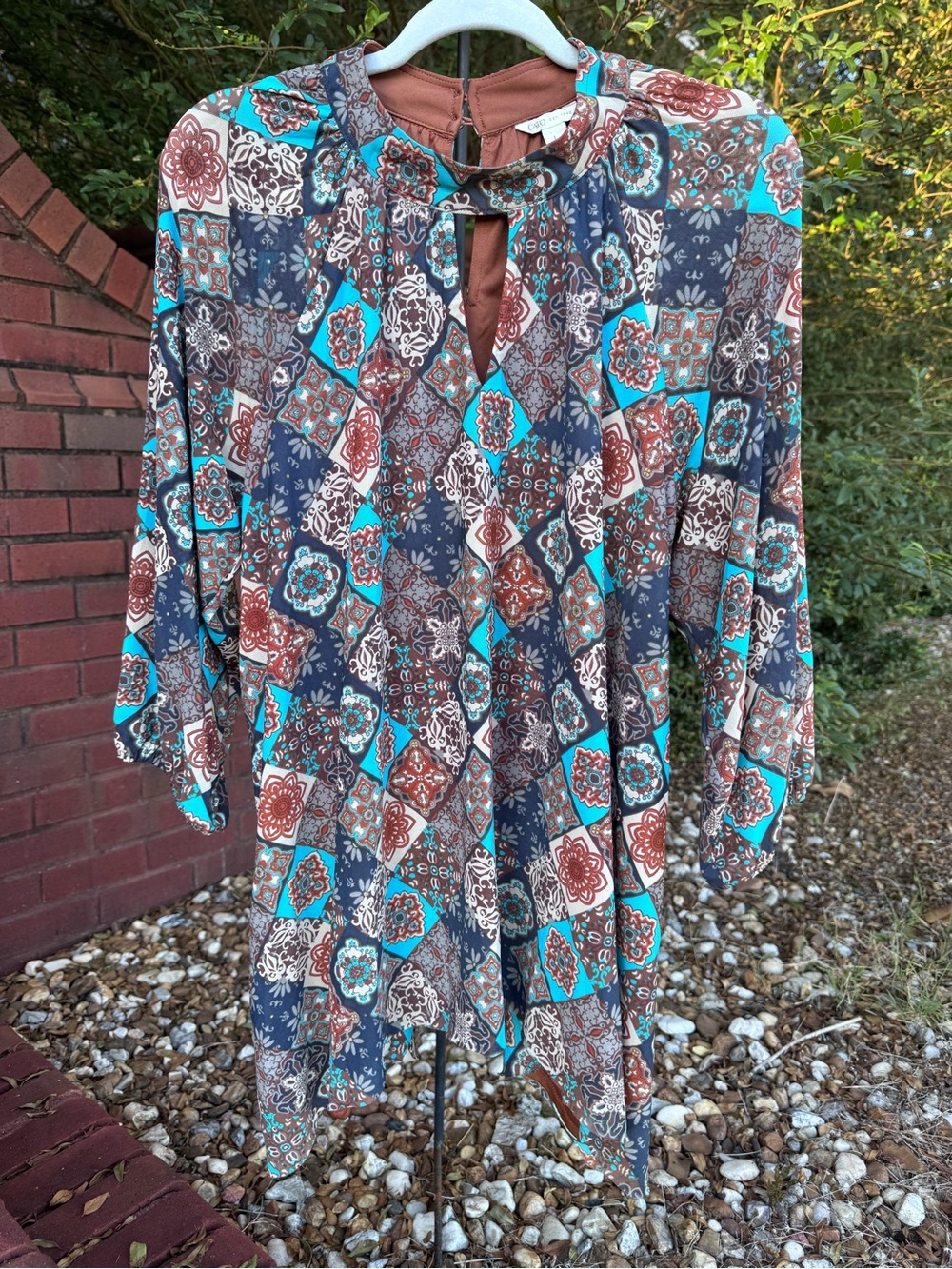 Cato Large Sheer Printed Layered Tunic Top Handkerchief Hem Boho